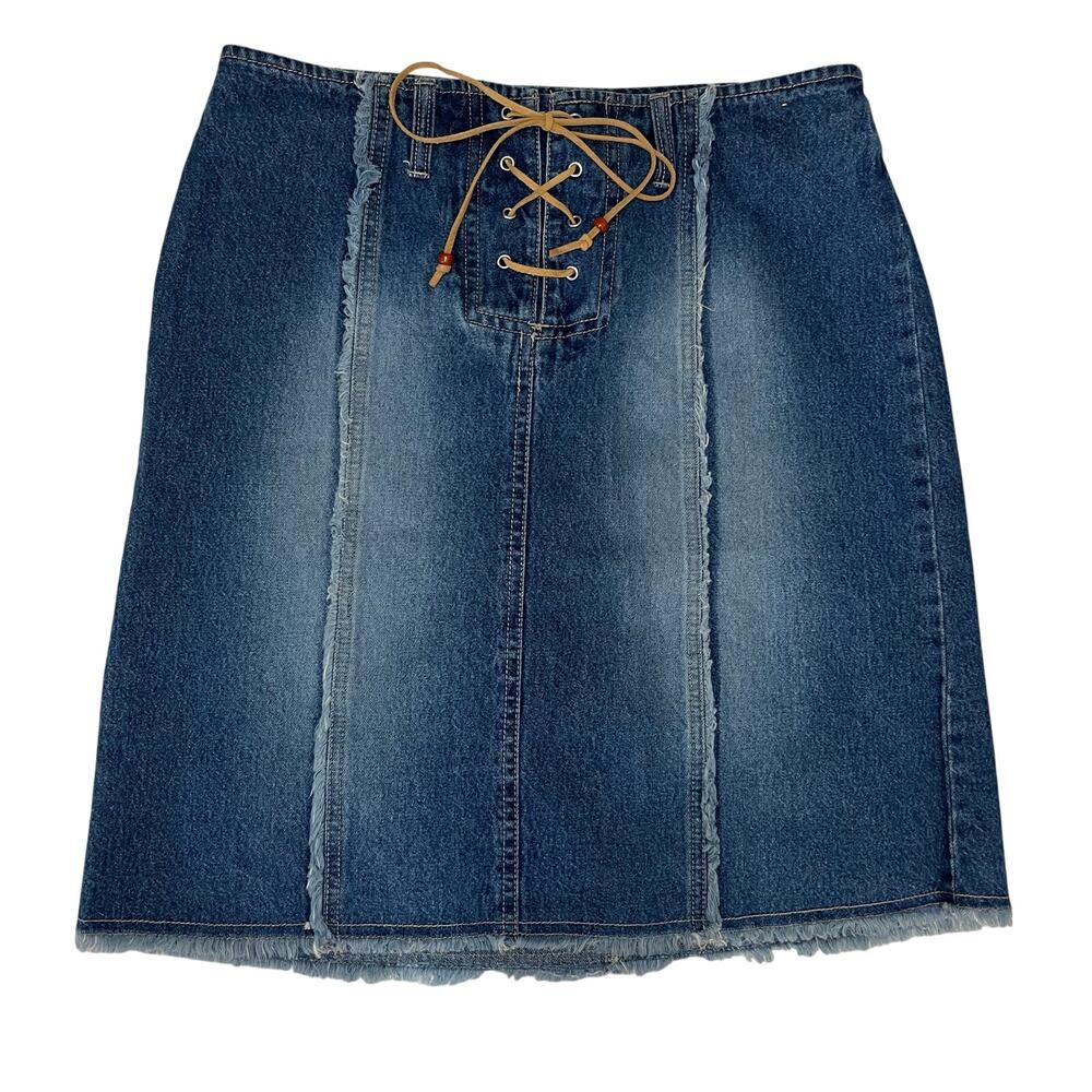Vintage Y2K Denim Mini Skirt Western Boho Distressed Lace Up Fly Festival